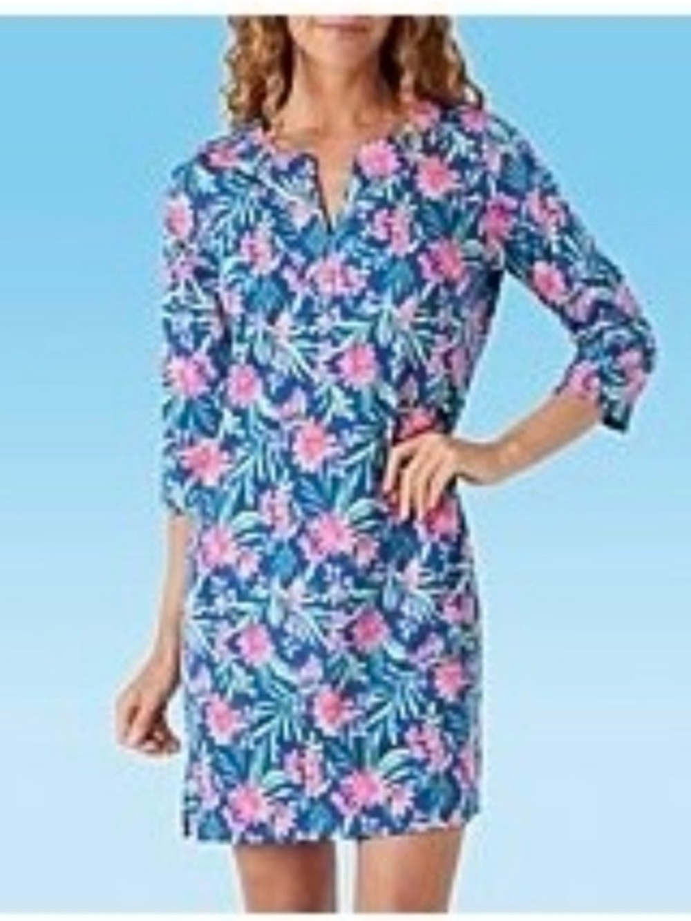 Stella Parker Blue Floral Dress with Pink Flowers Size XL